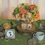 Greenscape Design Rustic Centrepiece with Birch and Peach Coral Lime and Champagne Flowers