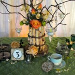 Greenscape Design Willow Branch and Birch Centrepiece with Crystals and Peach Coral Green Flowers Close Up