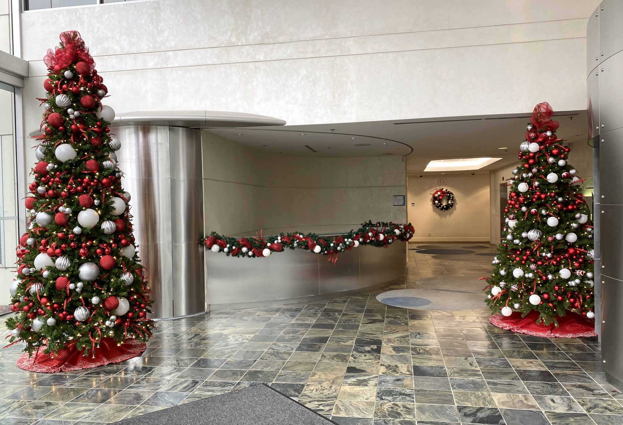 Red White & Silver Office Lobby Decor // Commercial Christmas Trees